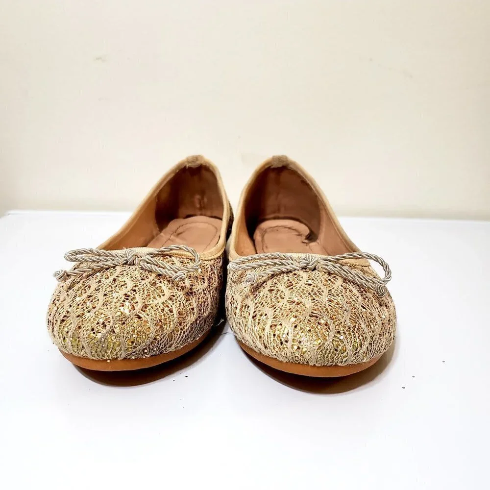 Gold Glitter Ballet Flats, Bow-Tie, Sparkle Women's Shoes, Size 40 (9 US)